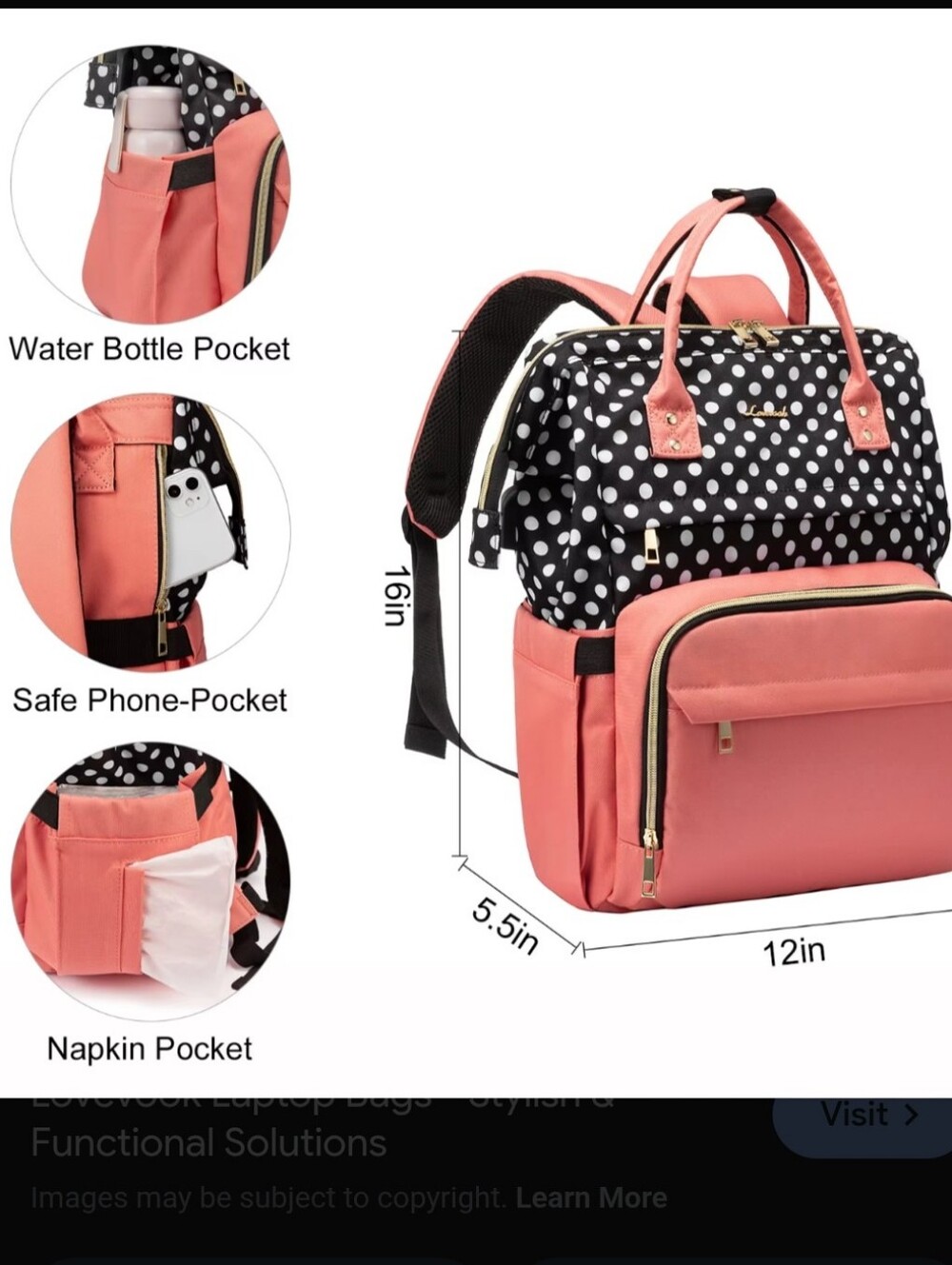Lovevook Backpack Laptop Travel Multiple Pockets Lunch Bag NWOT Pink Polka Dot